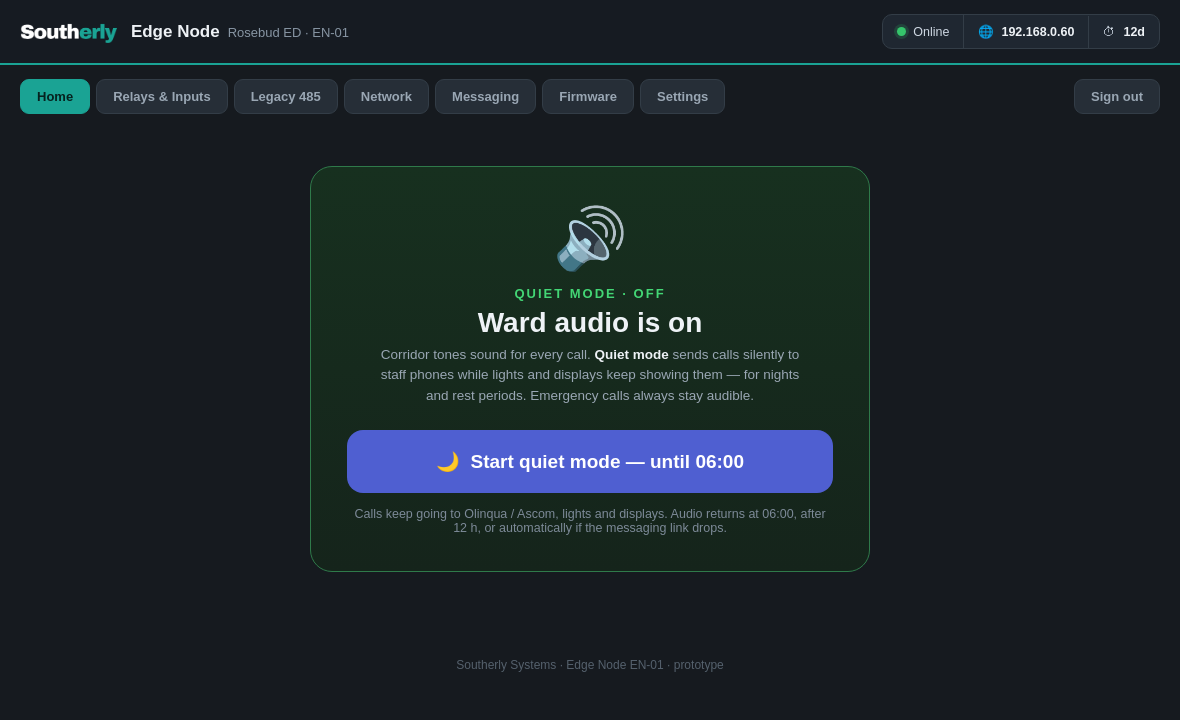 Edge Node web interface — Quiet Mode on the home screen