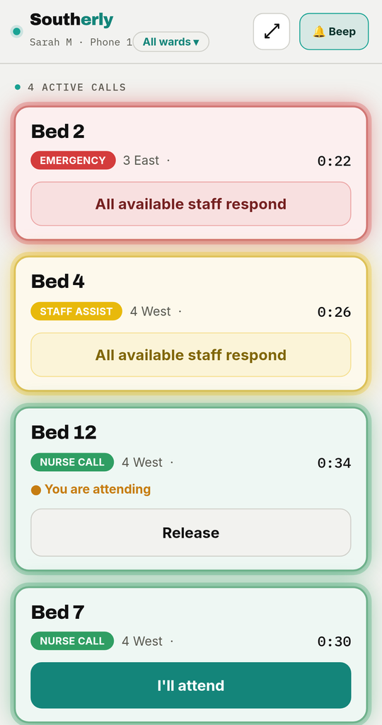 Staff app after tapping I'll attend: the call shows You are attending and a Release button