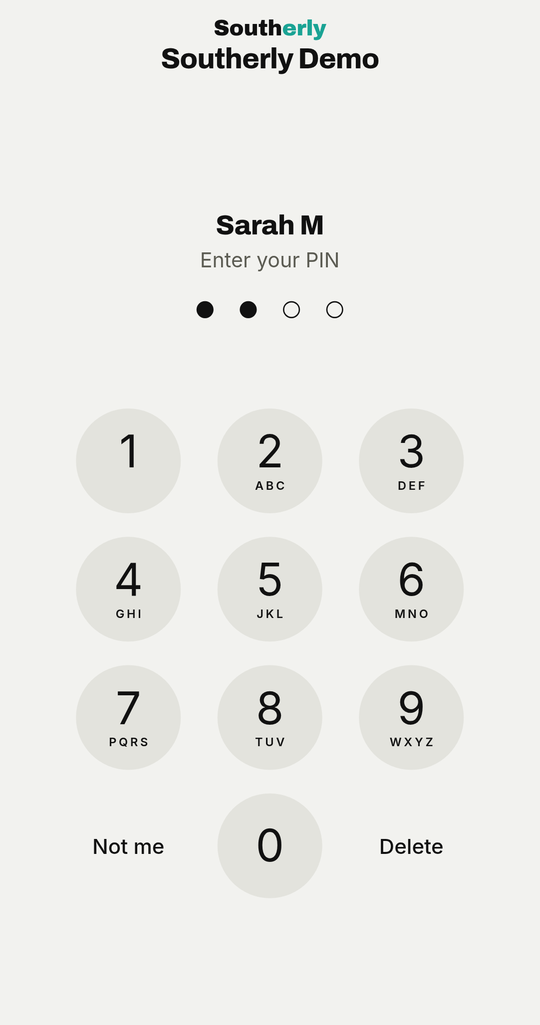 Respond PIN pad for Sarah M with two of four digits entered