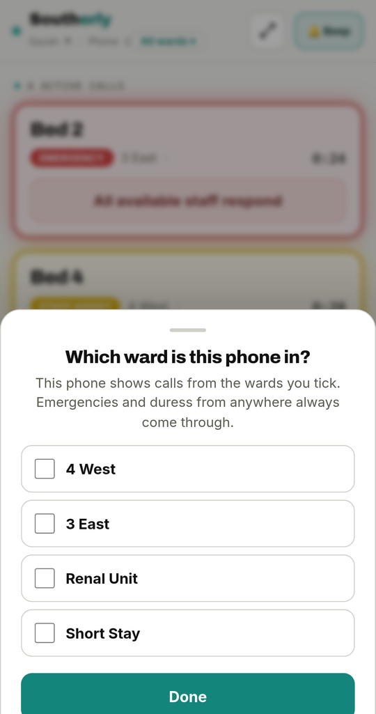 Staff app ward picker: Which ward is this phone in? with ward checkboxes